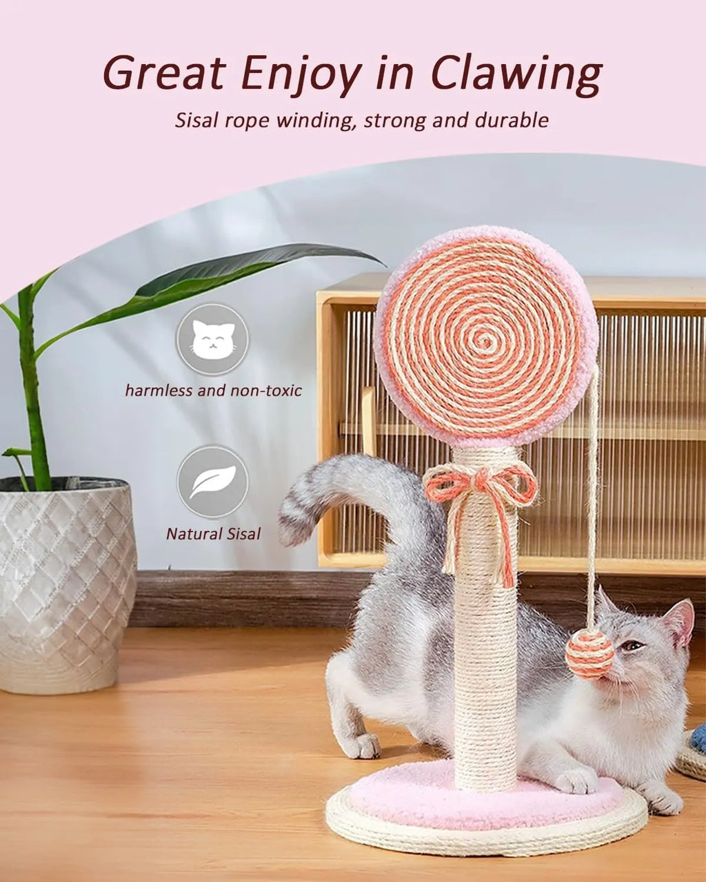 Blue sisal rope cat scratching post with a hanging ball on a sturdy wooden base.