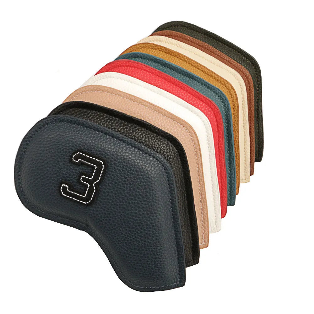 Set of 10 minimalist digital print golf club head covers in various colours made from PU material