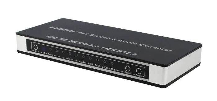 Black 4-port HDMI input switch with remote control on a table