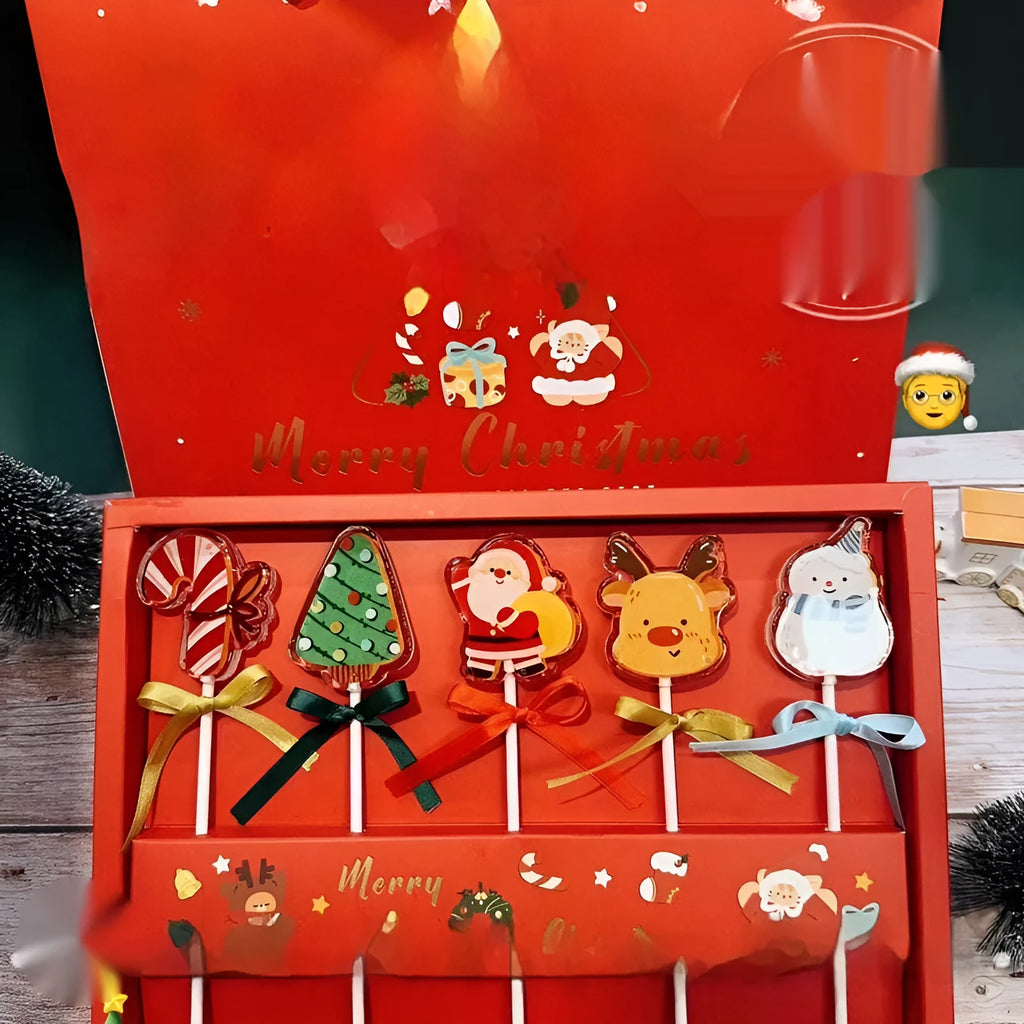 Pack of 5 Santa Claus shaped candies, 100g total net content, on a festive background