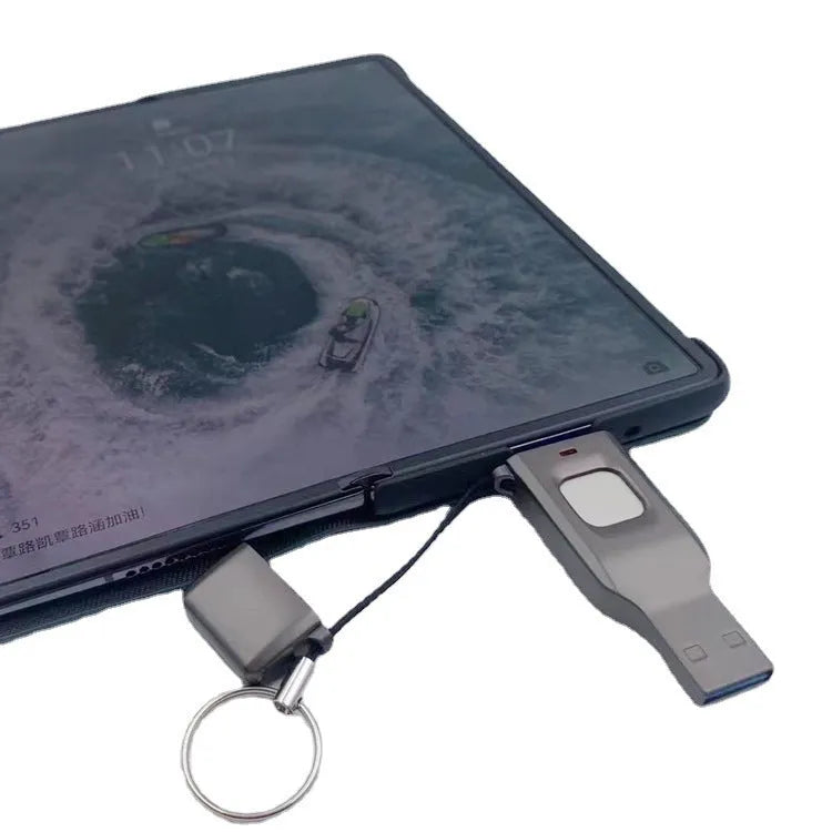 Black fingerprint encrypted USB flash drive with USB 3.0 and USB-C connectors for secure computer and mobile storage