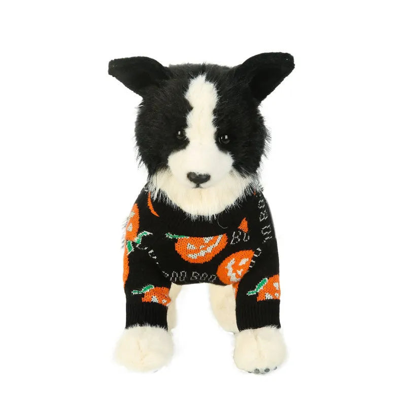 Black polyester dog sweater with orange pumpkin pattern for Halloween, shown on a dog.