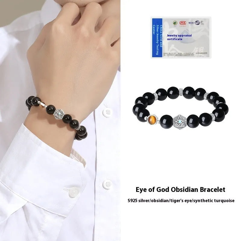 Men's God's Eye bracelet with 8mm obsidian beads and geometric silver design