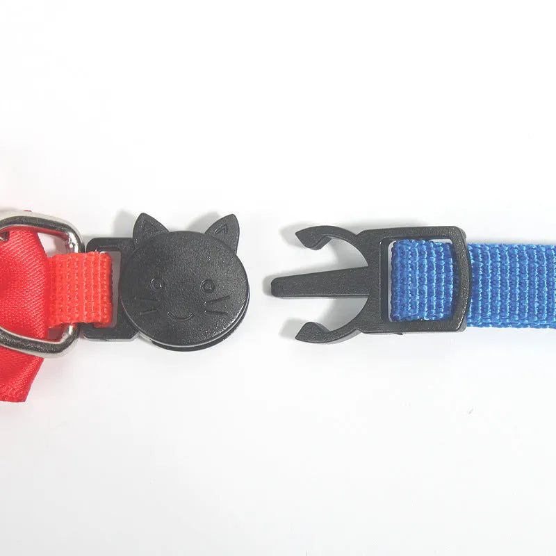 Adjustable nylon cat collar with bell in striped pattern showing multiple colour options