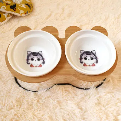 Ceramic cat bowl holder with raised rack in grey cat colour
