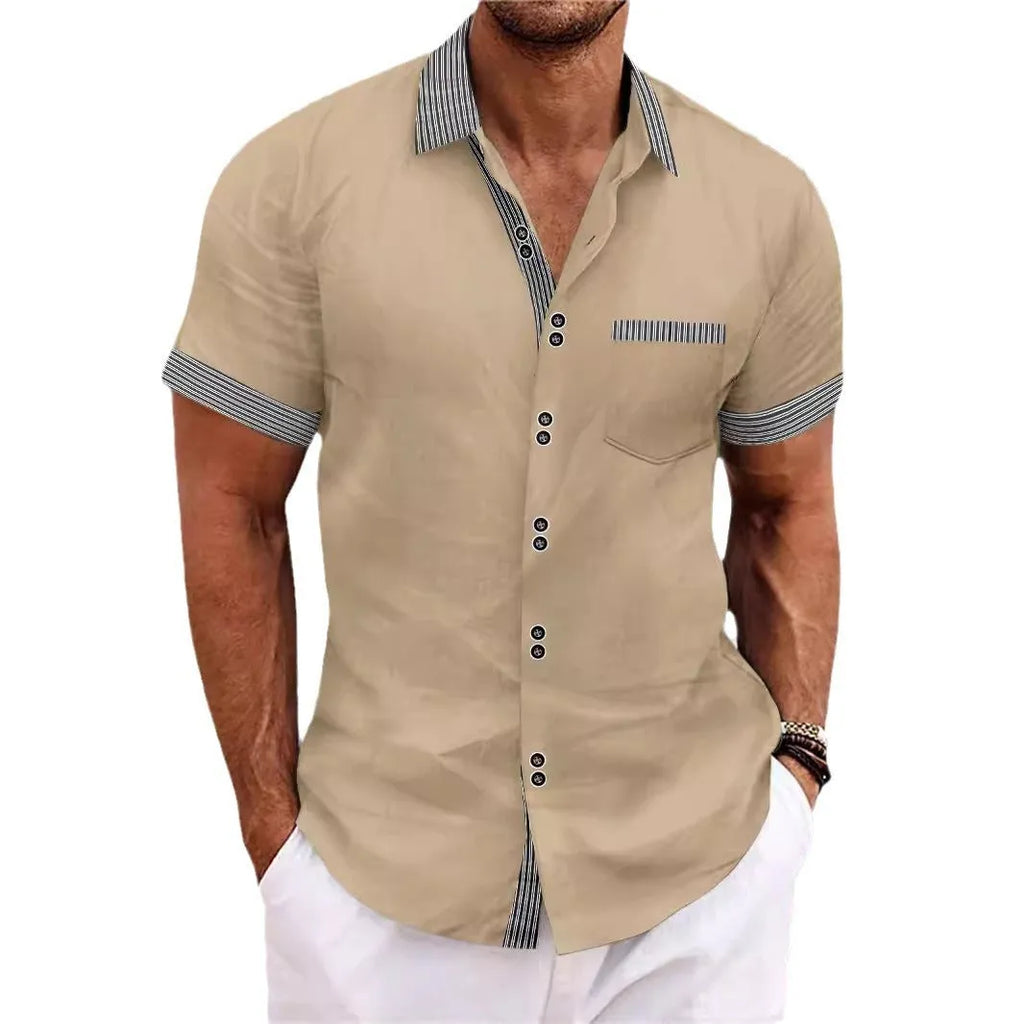 Striped pure cotton casual shirt with short sleeves and double button front in slim fit