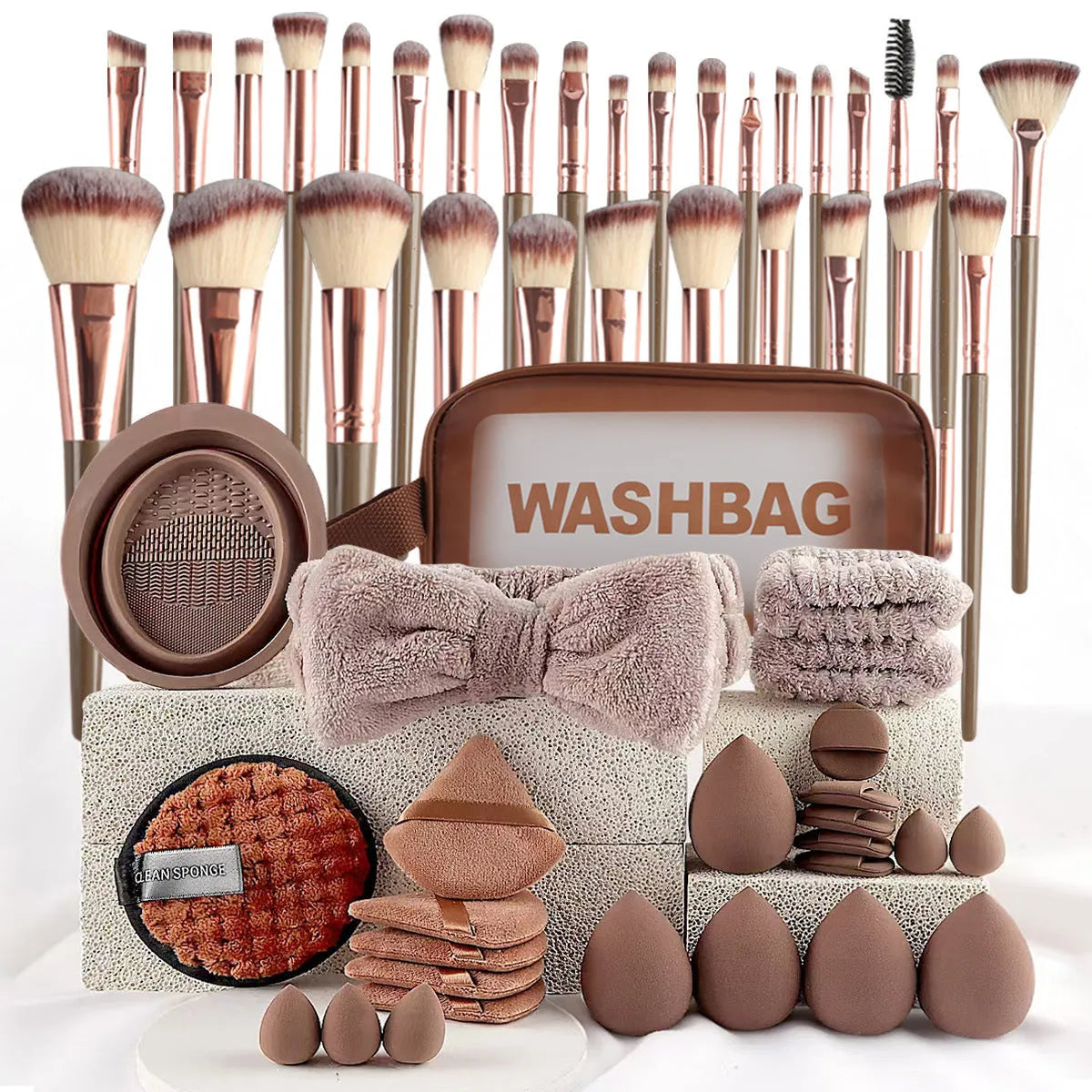 40-piece beauty tools set with hydrophilic non-latex face wash and makeup tools in brown, pink and purple colour options