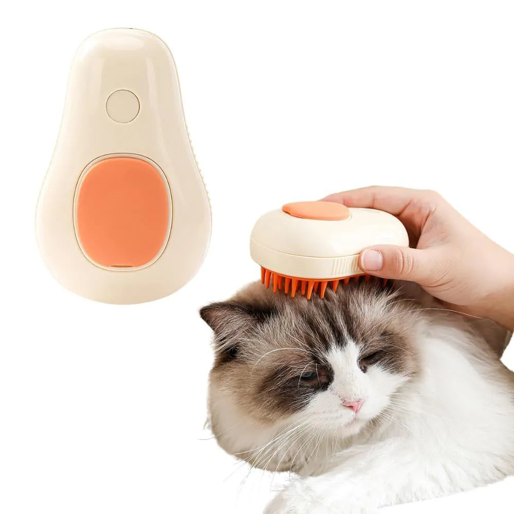 Green and white cat steam brush with silicone bristles showing water tank and compact 11cm design