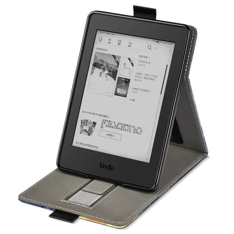 Kindle Paperwhite 6-inch protective case in bracket style, showing TPU construction and example design options.