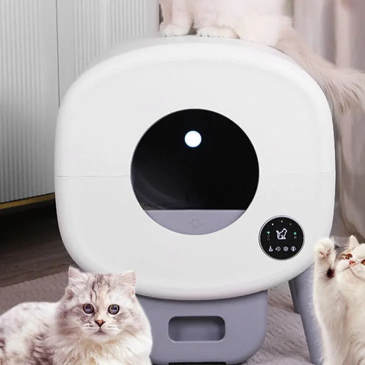 Automatic self-cleaning cat litter box with 13L waste storage capacity measuring 55cm wide