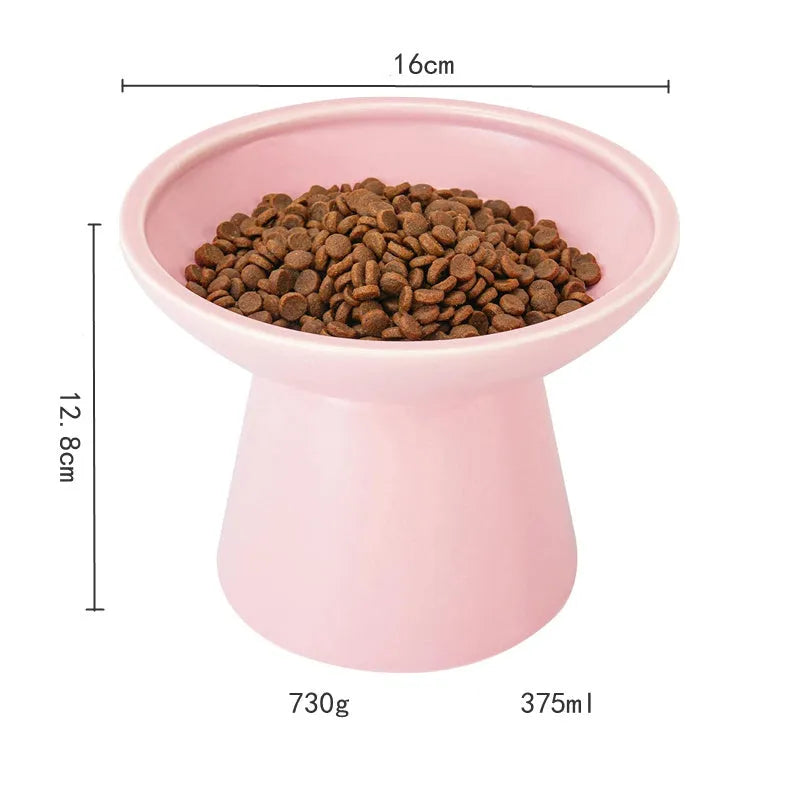 Blue ceramic elevated cat food bowl with wide shallow dish for whisker fatigue prevention.
