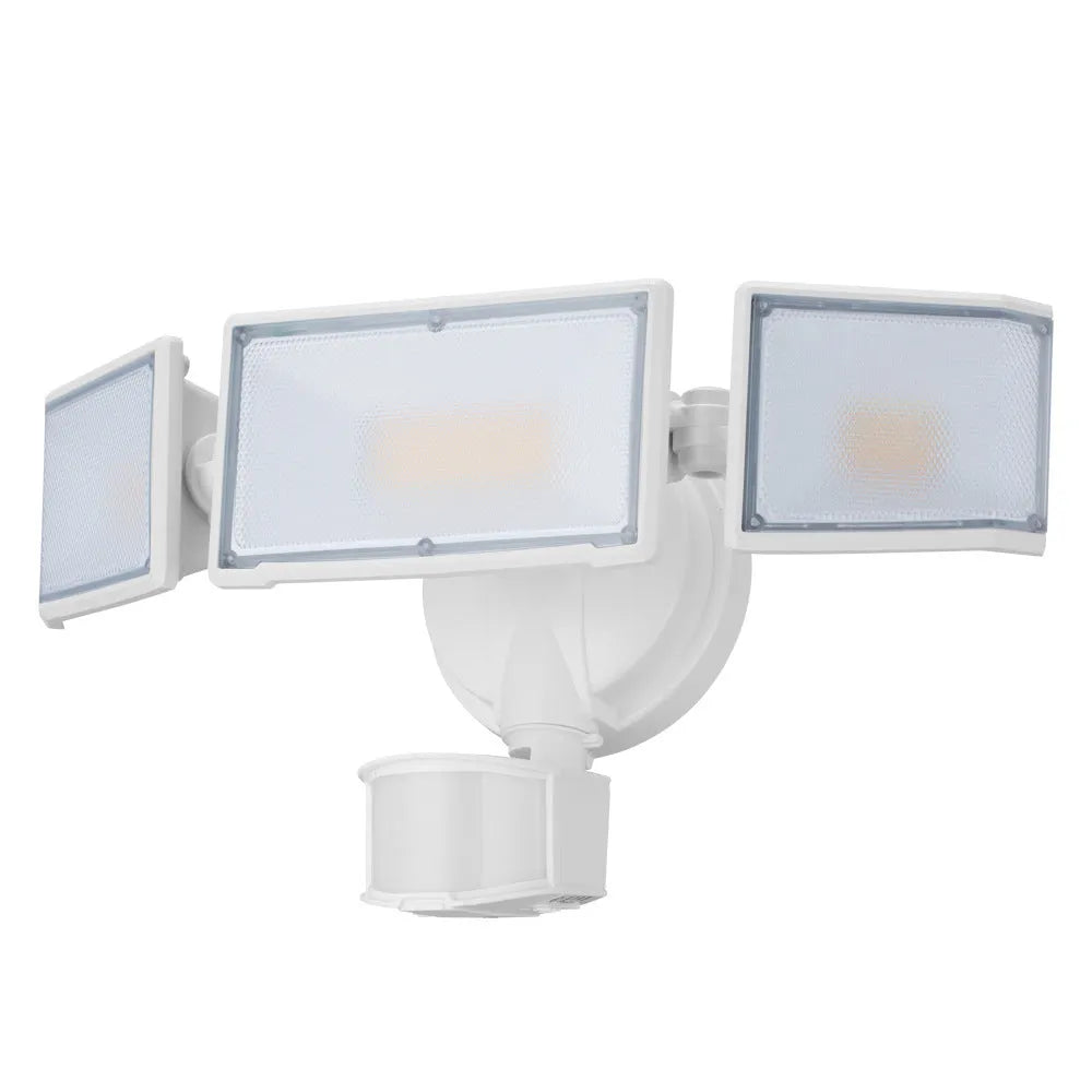 White or black LED security floodlight with motion sensor for outdoor wall or ceiling mounting