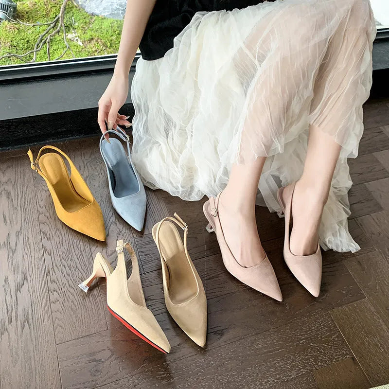 Women's apricot suede pointed toe stiletto high heels on a white background