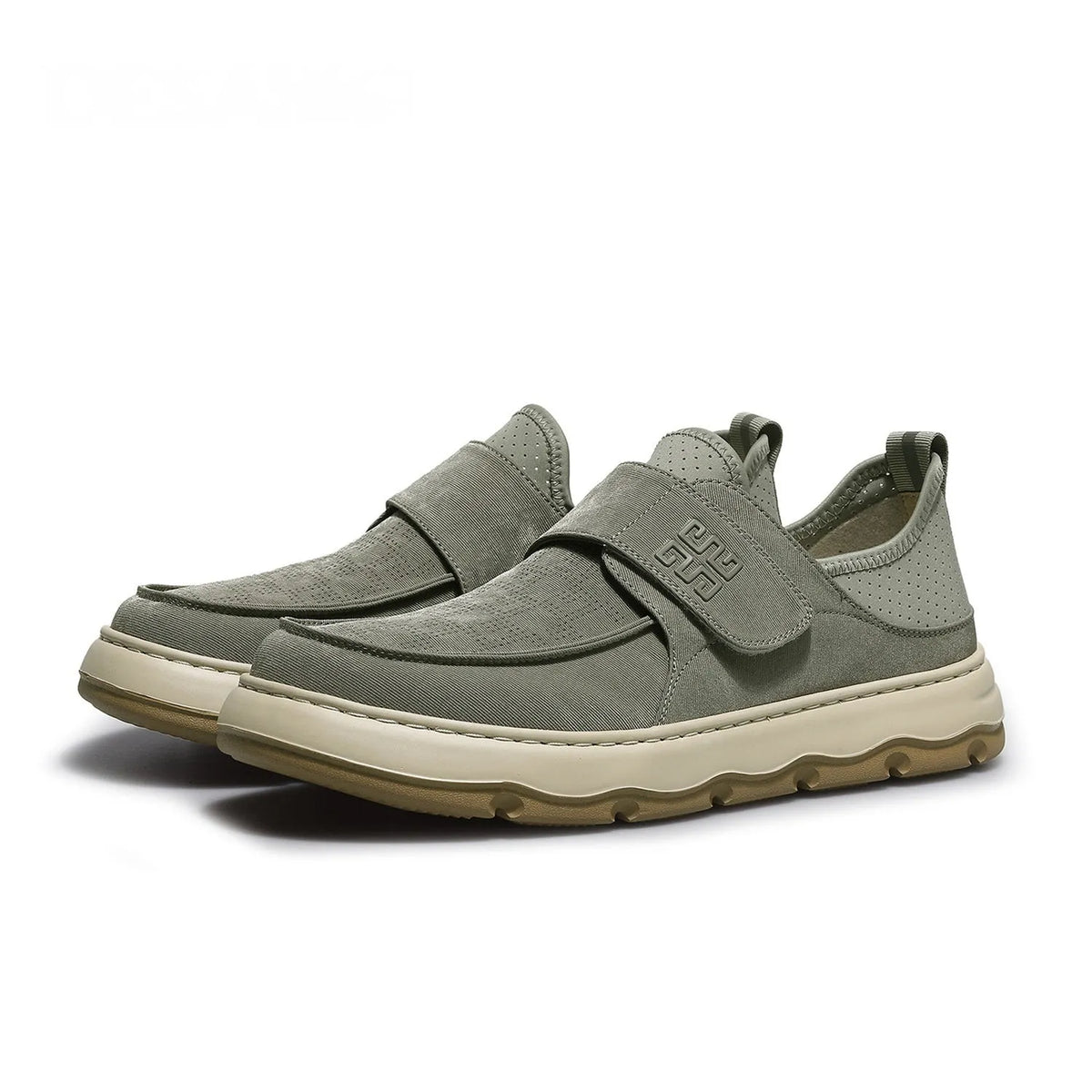 Men's breathable perforated fabric casual shoes in khaki green with Velcro closure and round toe