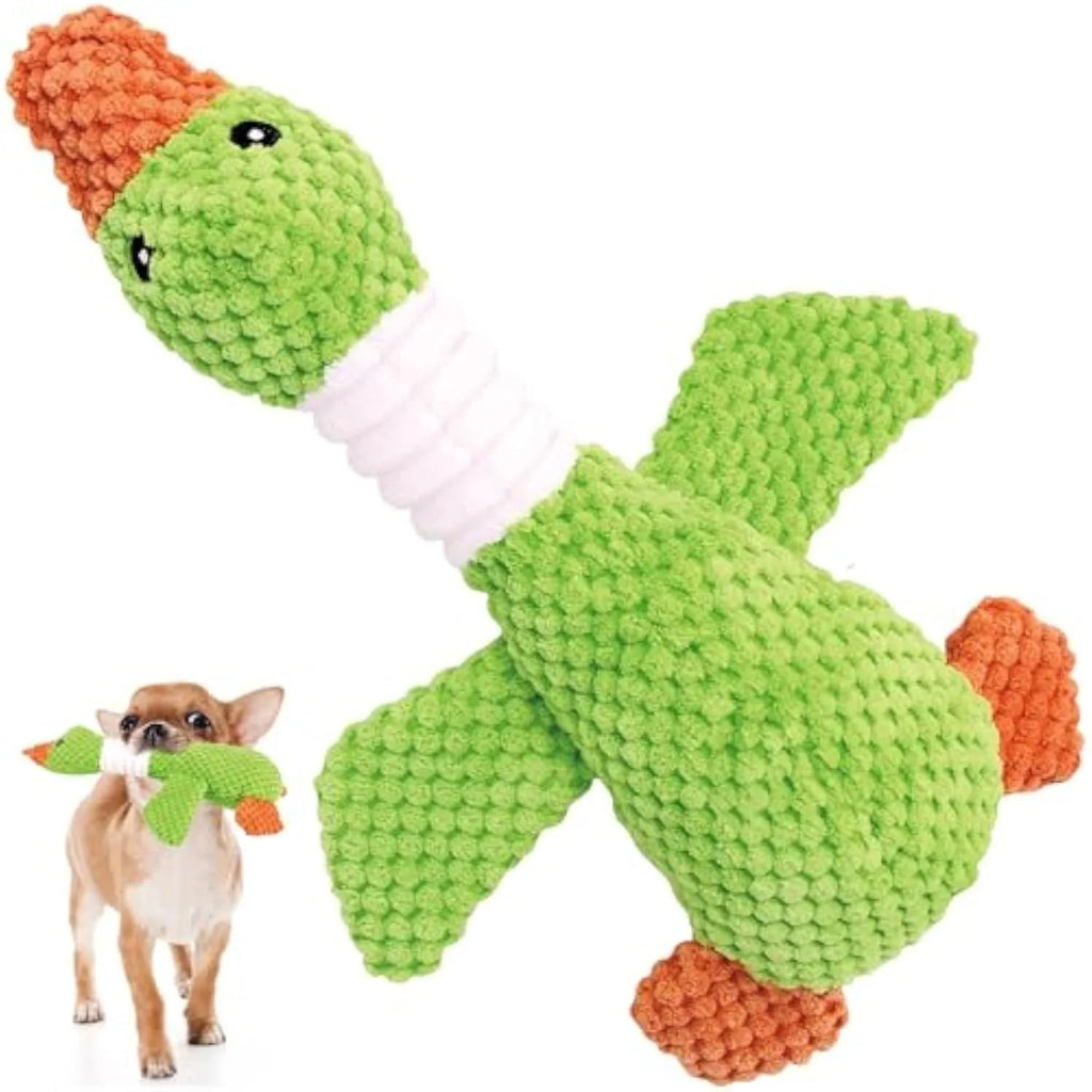 Blue durable plush duck dog toy with squeakers for large breed chewing and play.