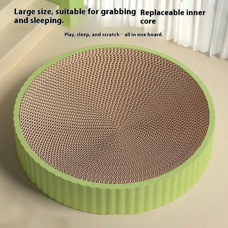 55cm round green cat scratching board with replaceable corrugated paper centre and cat nest design