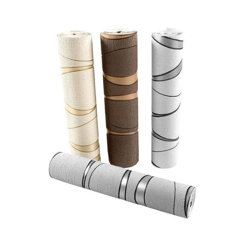 Curve stripe 3D background wallpaper roll in light grey and dark brown deerskin velvet finish.