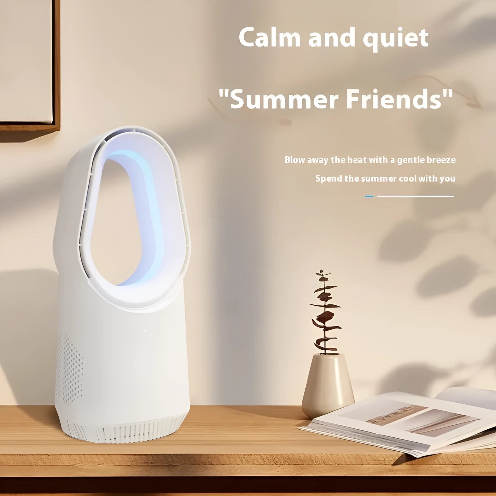 White bladeless tower fan with a remote control on a desk