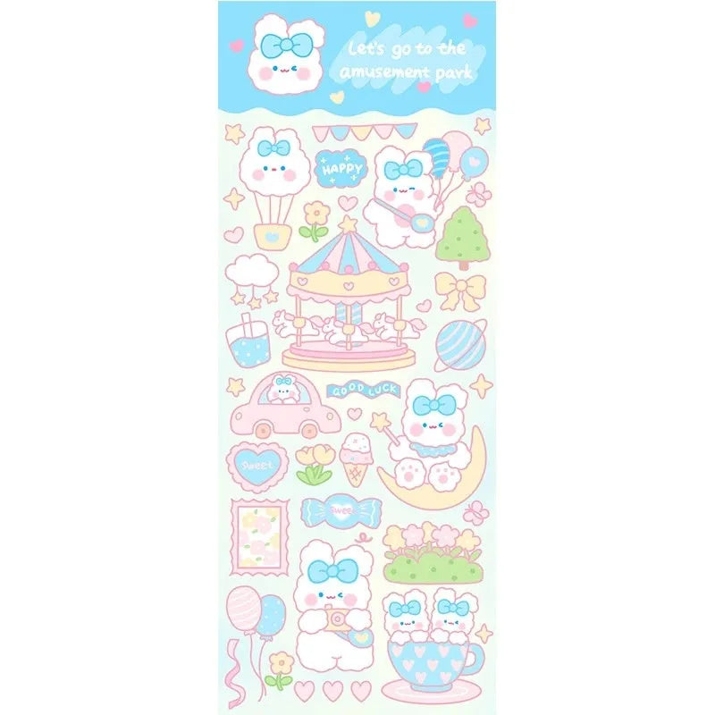 A sheet of colourful cartoon-style PVC waterproof stickers for decorating agendas and notebooks.