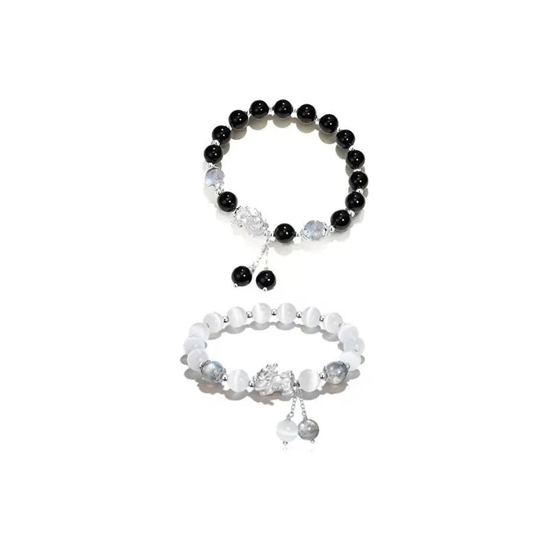 Natural black agate and grey opal couple bracelet with 10mm wave design and money painting elements