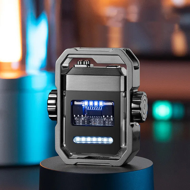 Blue windproof double arc electric lighter with a mechanical gyroscope and USB Type-C charging port.