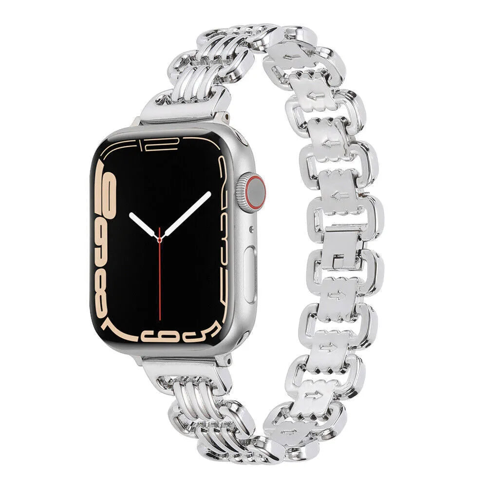 Alloy metal ladies watch bracelet for Apple Watch in silver, black, gold, rose gold, and starlight colours
