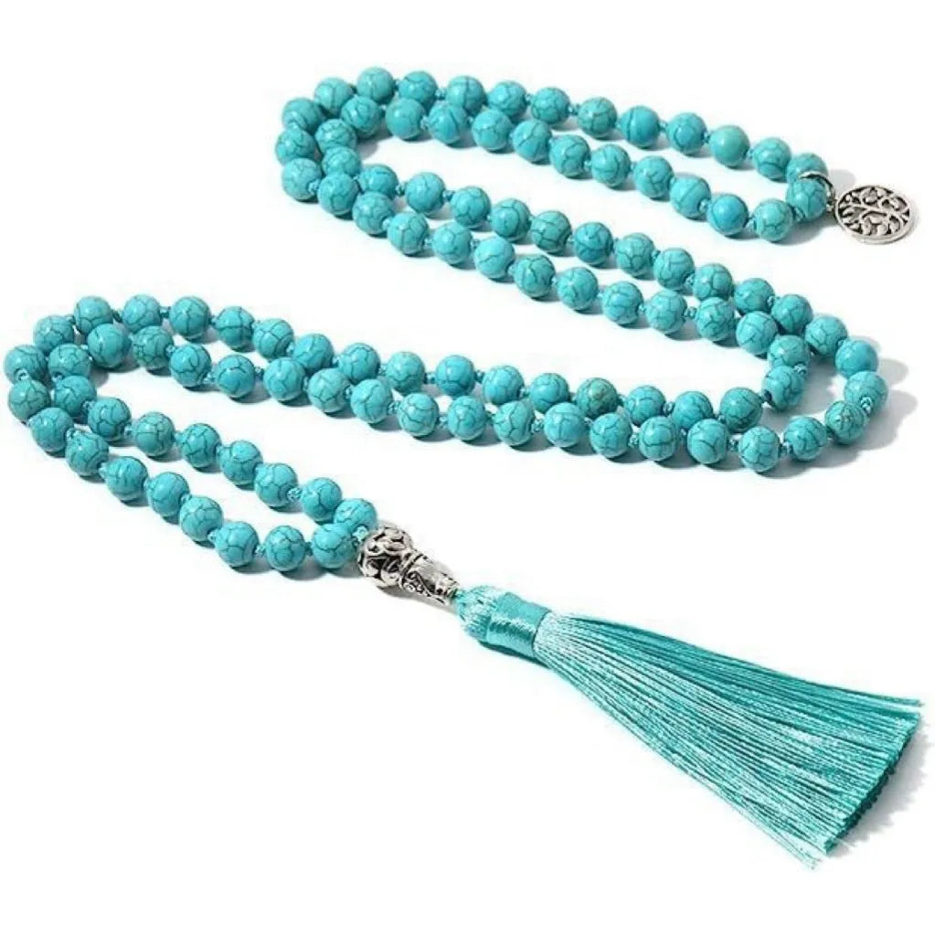 Handmade knotted necklace with 108 natural stone beads and pendant on 81cm chain