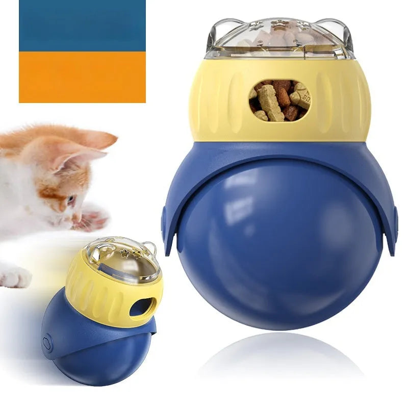 Owl-shaped plastic tumbler cat puzzle toy in Morandi yellow and blue colours for self-service feeding