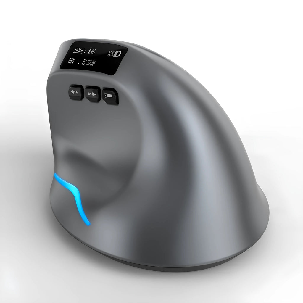 Grey vertical ergonomic mouse with Bluetooth and wireless charging capabilities