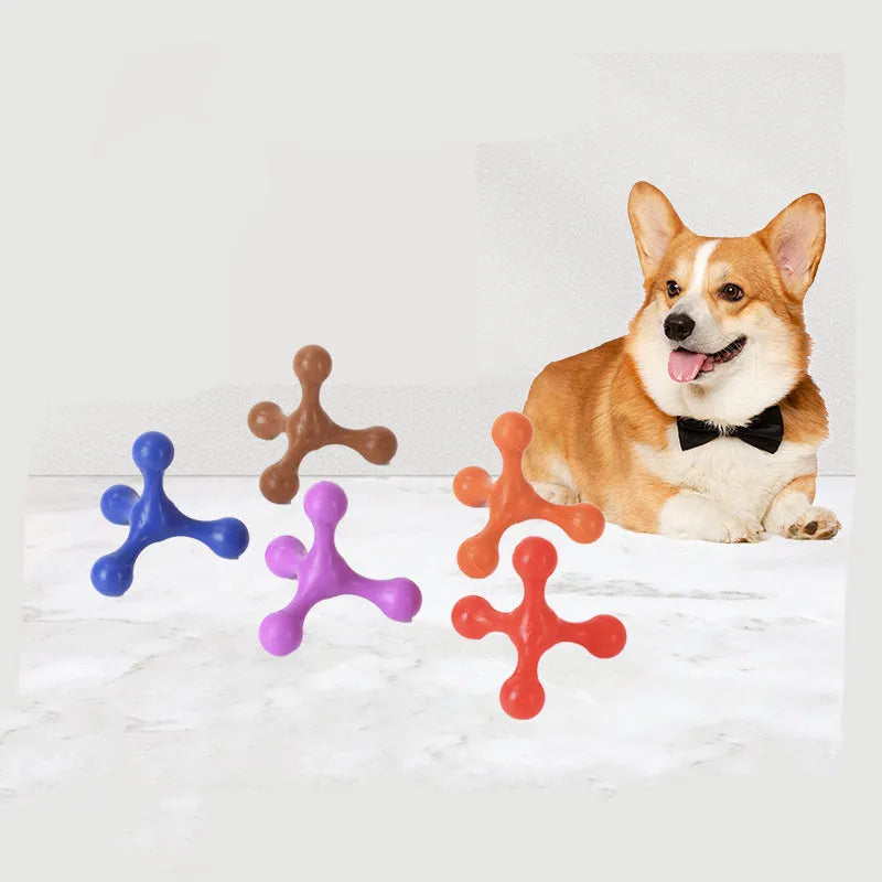 Blue silicone chew toy for dogs with three legs, shown next to a measuring tape displaying 9.5cm length.
