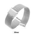 Milani Silk Woven Stainless Steel Watch Band in silver, showing the textured metal weave and buckle.