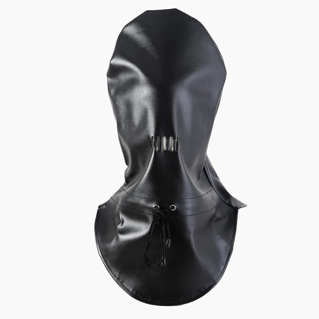 Black leather BDSM mask with adjustable headgear straps for adult training