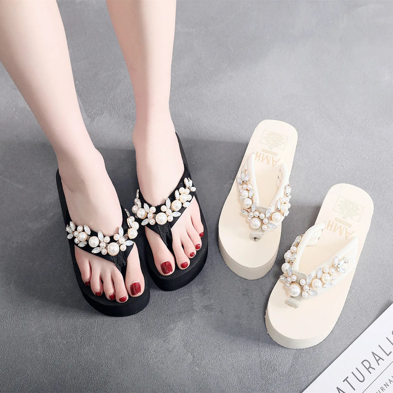 Women's high-heeled flip-flop sandals with cotton cloth upper in beige colour