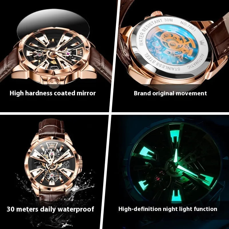 Men's automatic skeleton watch with brown leather strap and stainless steel barrel case