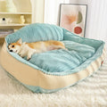 Morandi colour kennel-style washable pet bed for dogs and cats on a sofa, shown in two sizes.