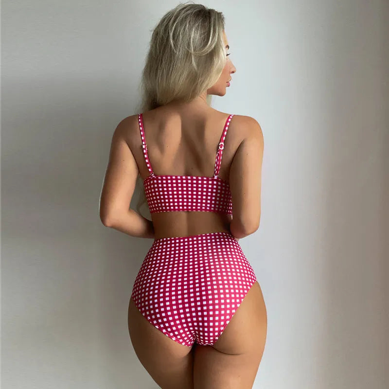 Women's plaid pattern bikini swimsuit set with high waist briefs on a neutral background.