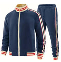 Men's khaki polyester streetwear tracksuit with zip-up turtleneck cardigan and matching trousers on a hanger.