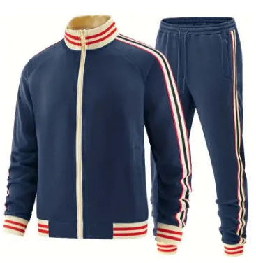 Men's khaki polyester streetwear tracksuit with zip-up turtleneck cardigan and matching trousers on a hanger.