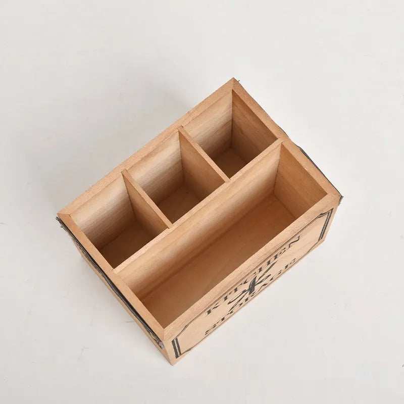 Wooden kitchen storage box with internal dividers for organising knives, forks and chopsticks