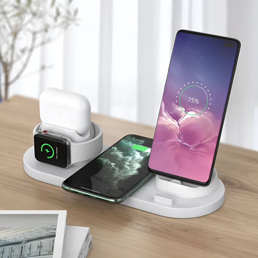 Black 6-in-1 wireless charging station holding phone with AirPods and watch charging