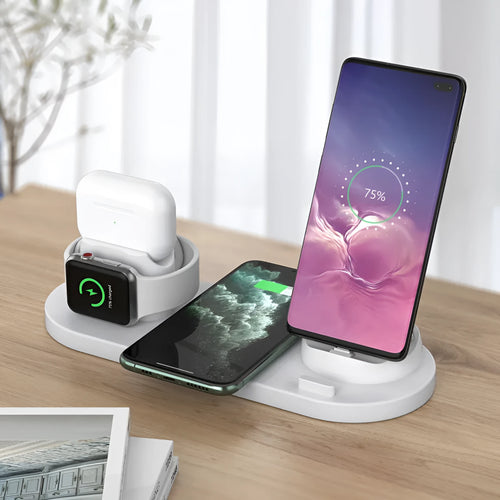Black 6-in-1 wireless charging station holding phone with AirPods and watch charging