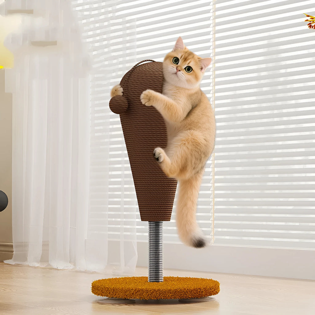 Natural hemp rope cat scratch board shown in large and small sizes with optional cat grasping ball and tumbler toys.