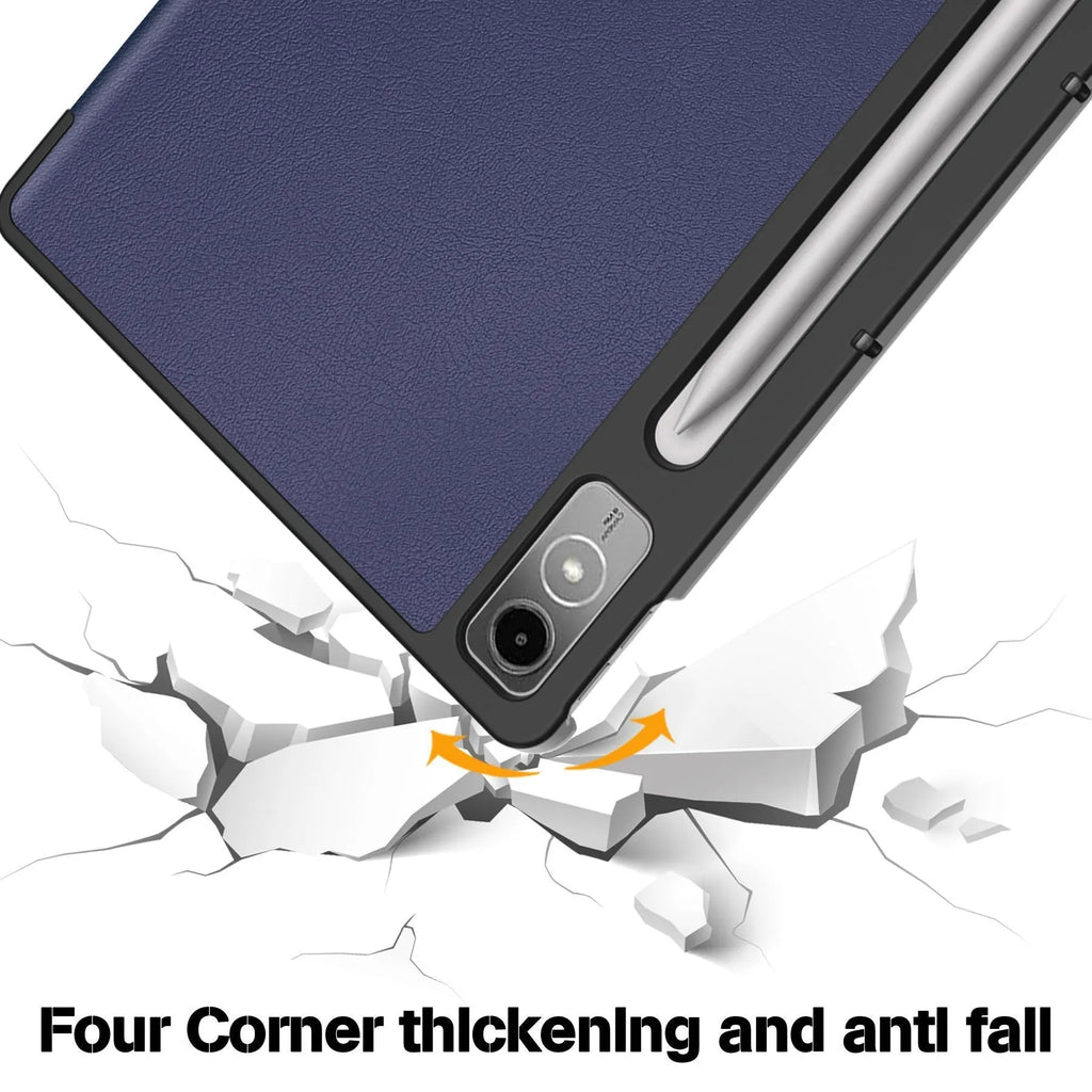 Lenovo Tab P12 tablet case showing three-fold design with bracket and magnetic closure in decorative colour options