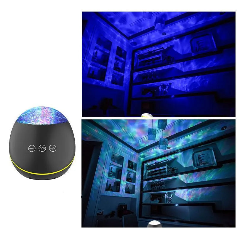 Black ocean wave projector LED night light with Bluetooth speaker and remote control on a table