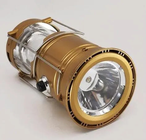 LED solar camping lantern collapsible with reflective lenses and rubber handle, 9x13x7.5cm, water resistant ABS construction
