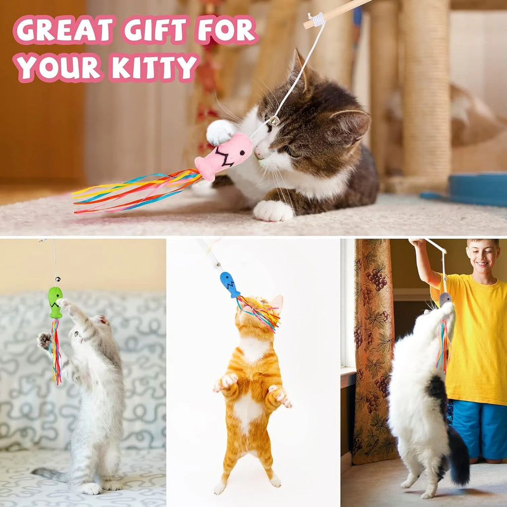 Interactive cat wand toy with wooden handle, colourful ribbons, catnip fish, and bell for indoor cat play
