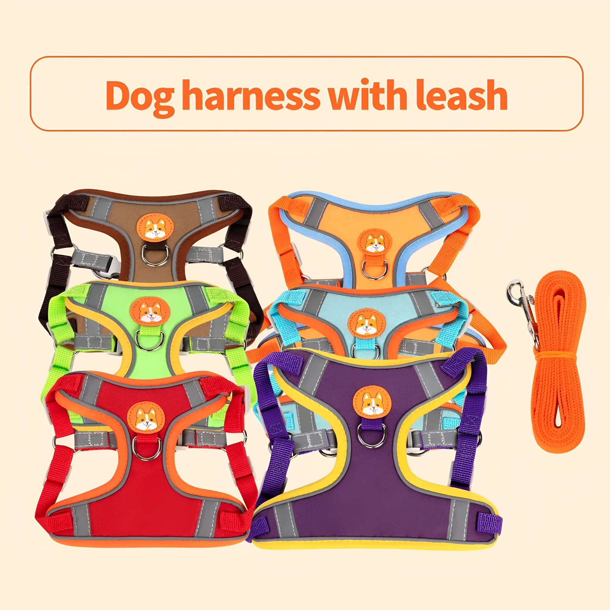 Adjustable dog haulage rope harness in multiple colours on a chest strap, showing S M L XL sizes.