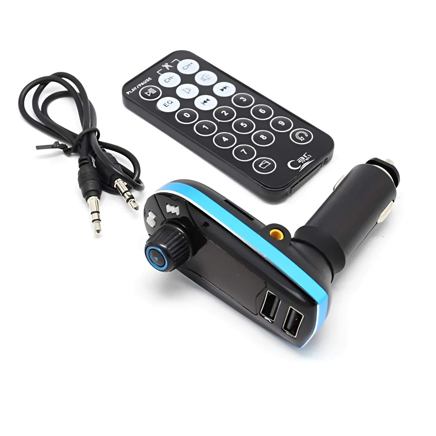 BT618C vehicle Bluetooth MP3 player with LCD screen, USB port, and 3.5mm audio jack for car use