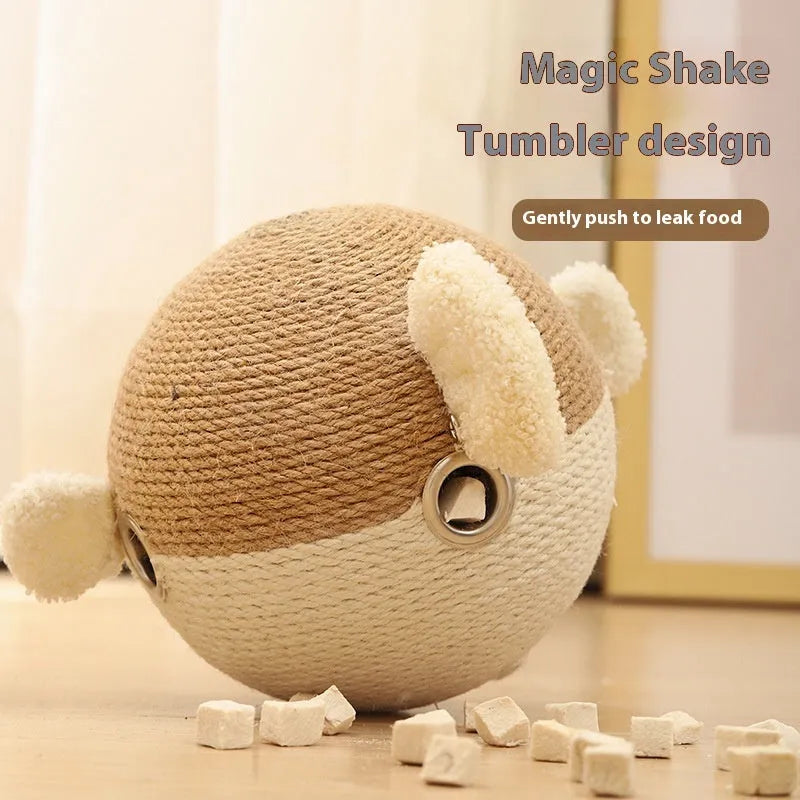 15cm cube pet toy made from woven sisal hemp strips with treat dispensing function