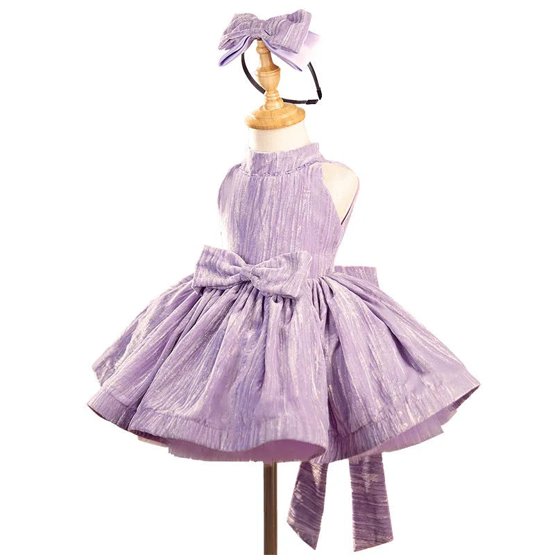 Girls' dream purple velvet princess dress with full skirt, polyester fabric, available in sizes 80cm to 160cm